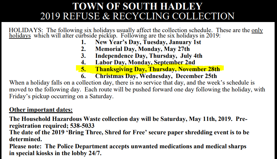 Black text on a white background explaining holiday trash pick-up 