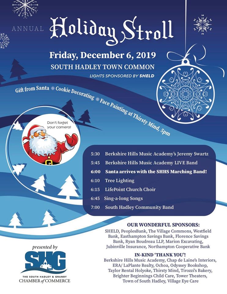 A winter flyer with Holiday Stroll information 