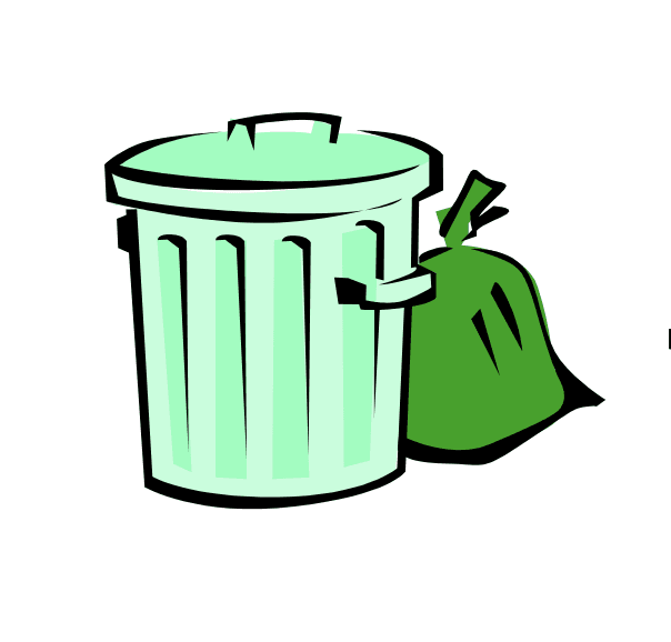 A green cartoon trash can and green trash bag